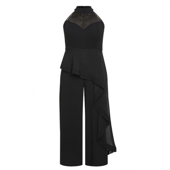 City Chic Mika Halter Jumpsuit Sheer Asymmetrical Ruffle Overlay Wide Leg 20 - Picture 3 of 12